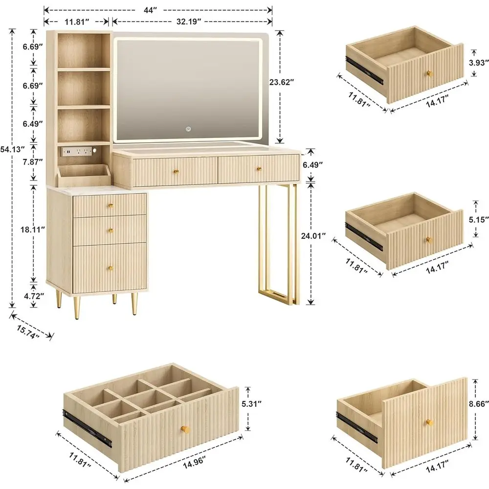 Bureau de maquillage en chêne avec 32 miroirs lumineux, plateau en verre, 3 lumières, design incurvé, 5 tiroirs, ensemble de coiffeuse de chambre moderne