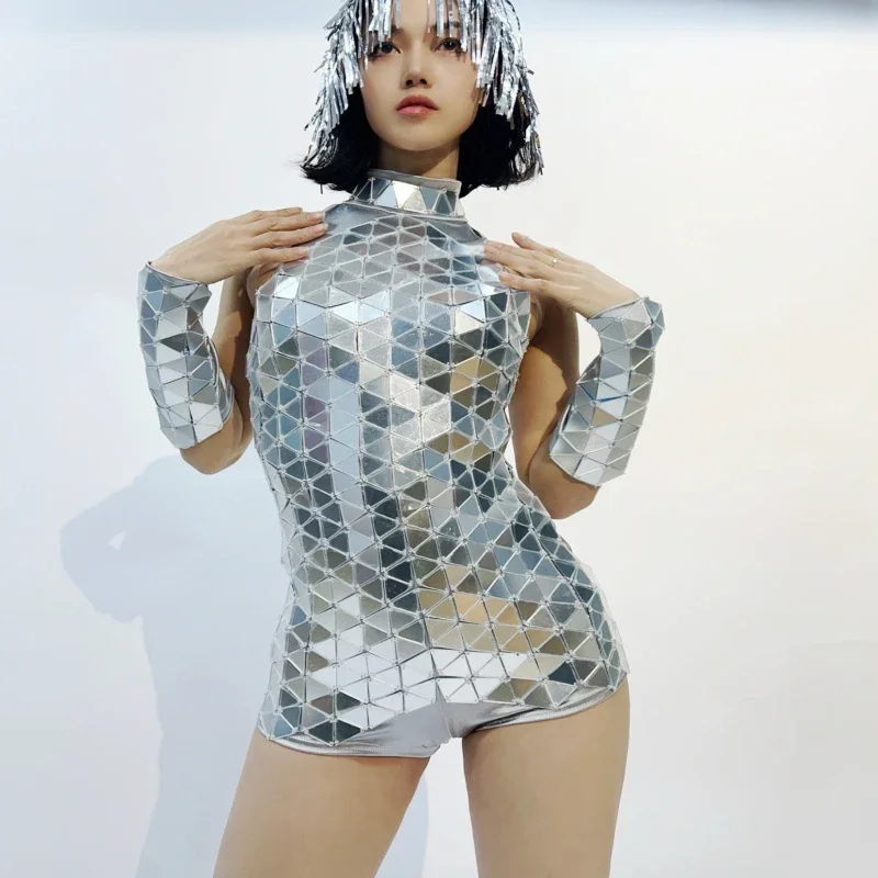 Boate bar festa showgirl outfit prata espelho macacão evento mostrar personalizado desempenho feminino gogo dançarino terno