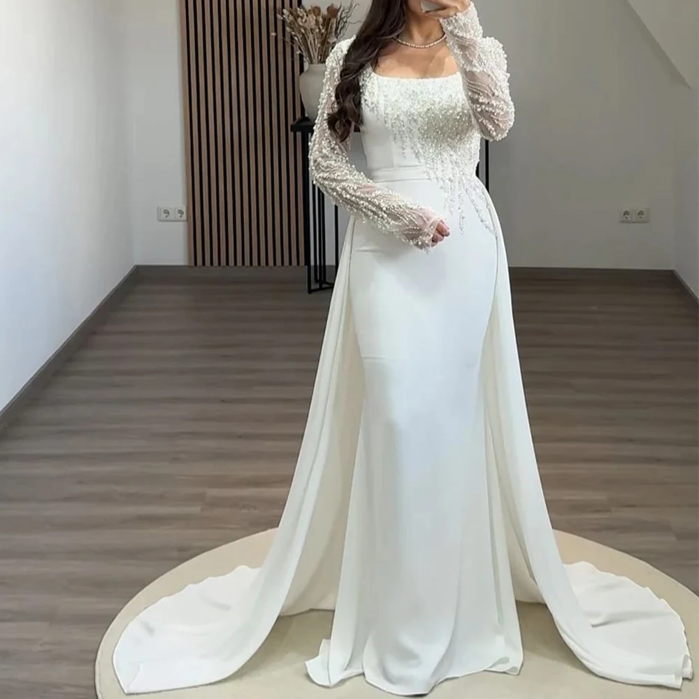 

Luxury Square Collar Evening Dress Beading Lace Mermaid Floor Length with Sweep Train Customized Long Sleeve فستان سهرة نسائي