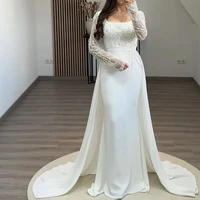 Vestido de noche de lujo con cuello cuadrado, sirena de encaje con cuentas, largo hasta el suelo con cola de barrido, manga larga personalizada, فستانmavera