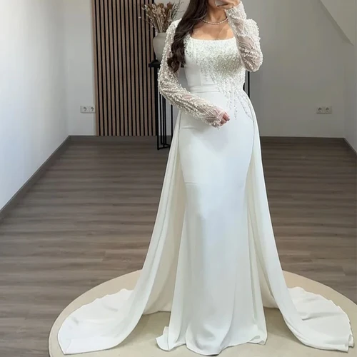 Vestido de noche de lujo con cuello cuadrado, sirena de encaje con cuentas, largo hasta el suelo con cola de barrido, manga larga personalizada, فستانmavera