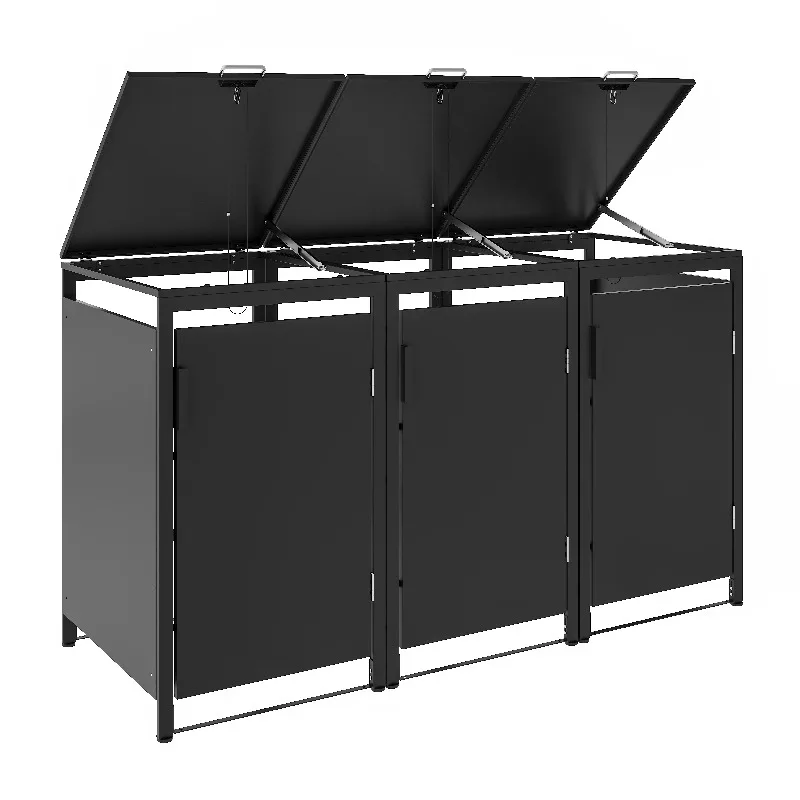 Three heavy metal storage shed outer trash can box hidden place durable wheeled garden trash can storage shed