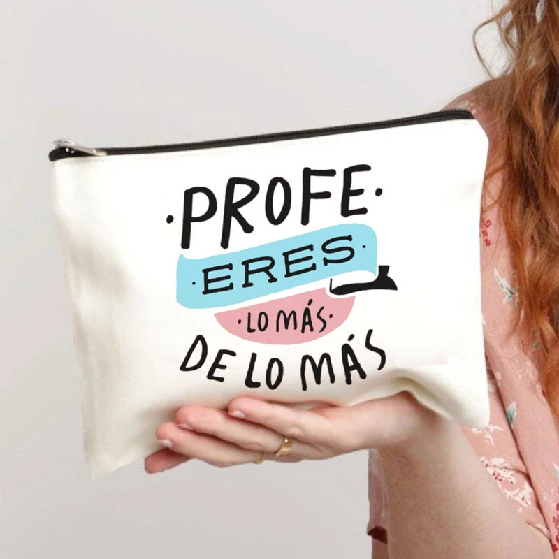 Espanhol impresso maquiagem bolsa lápis caso professor vida escolar artigos de papelaria suprimentos sacos de armazenamento viagem maquiagem lavagem organizador presentes