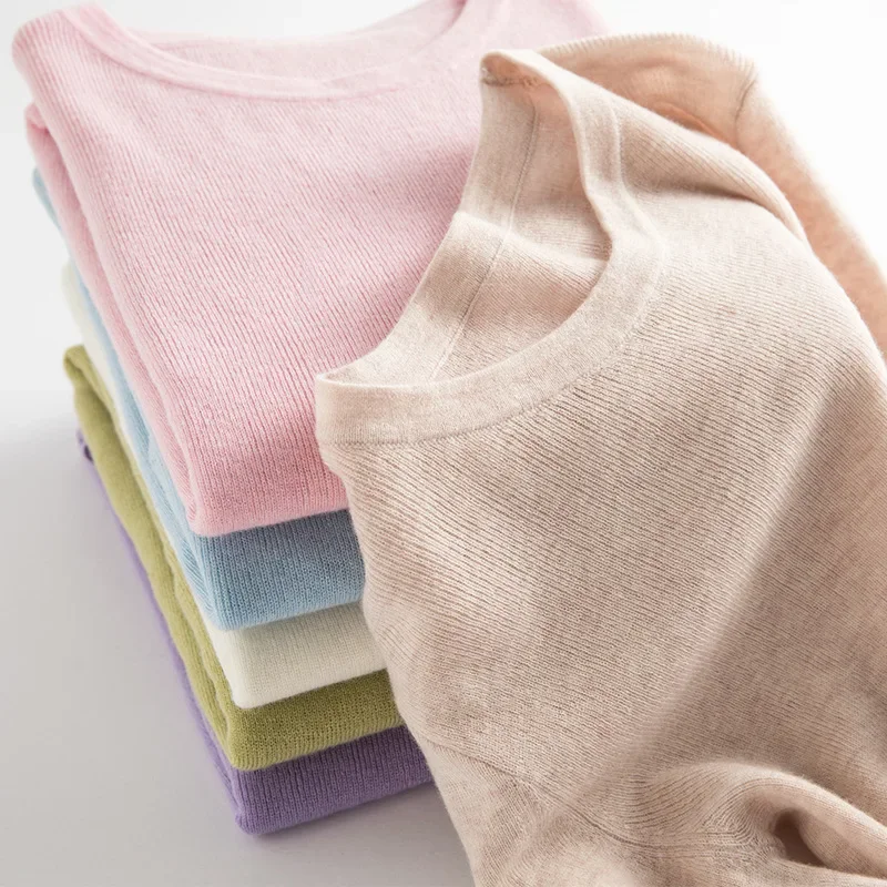 

Женский осенне-зимний модный теплый свитер, 18-игольная трикотажная рубашка из 100% шерсти с круглым вырезом и длинными рукавами, однотонная трикотажная нижняя рубашка