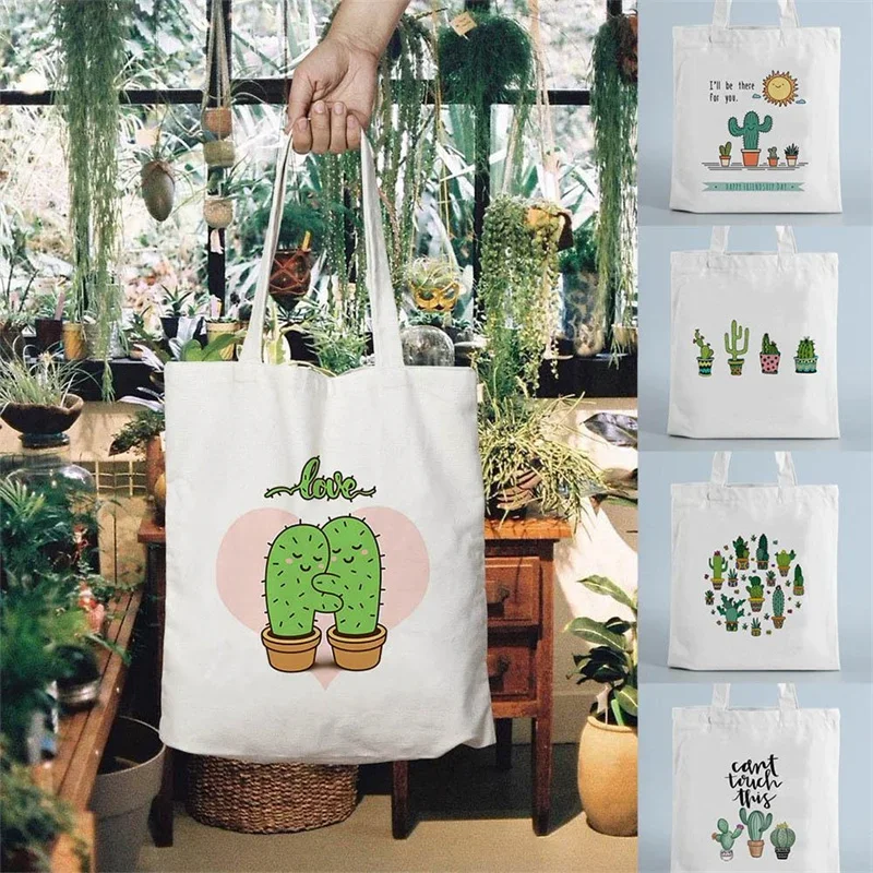 

Tote Shopping Bag Cactus Drawing Print Reusable Ladies Canvas Shopper Bags Student Book Bag Female Eco Foldable Cute Bag Fashion