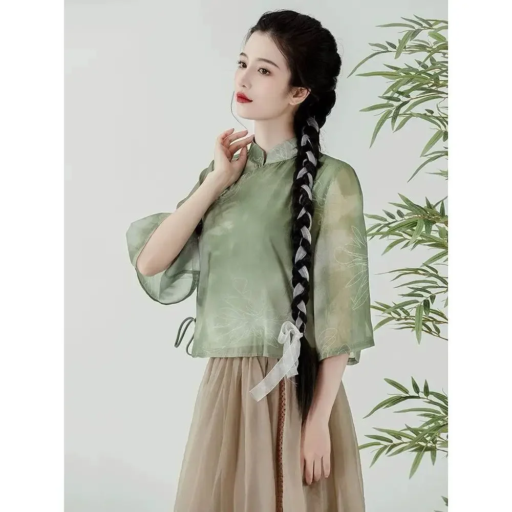 New Green Chinese Style Tea Art Division Hanfu Han Elements Zen Republic of China Style Retro Improved Cheongsam Dress Tang Suit