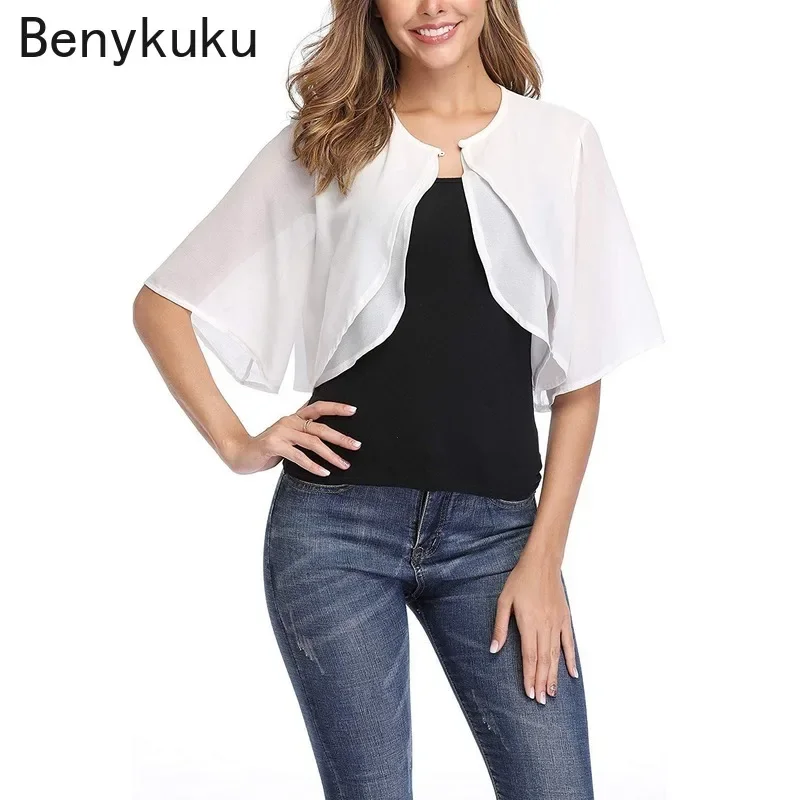 

Fashion Chiffon Shrug Sun-protective Clothing Open Front Loose Sheer Bolero Women Summer Blousa Casual Half Sleeve Cape Cardigan