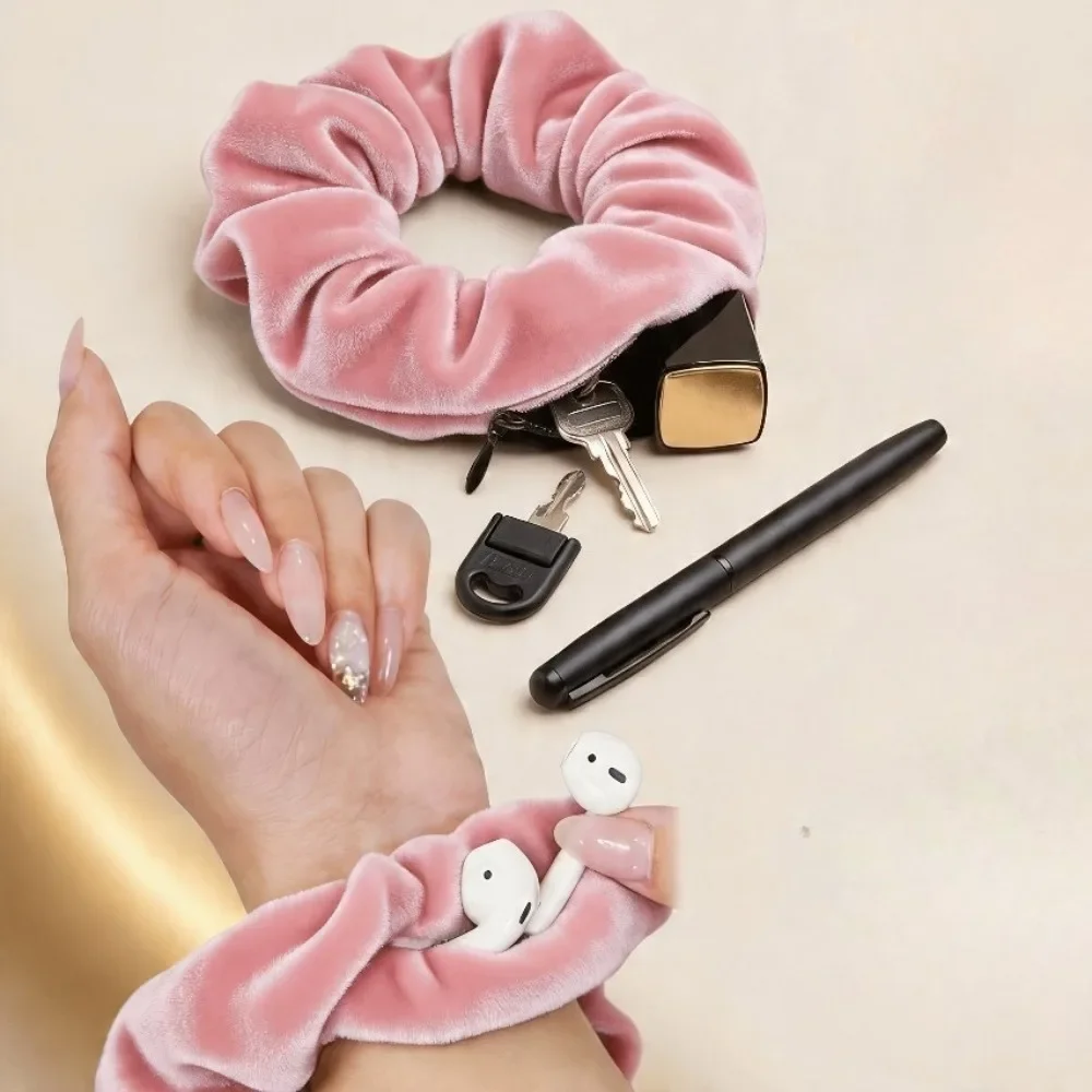 Velvet Zipper Pocket Hair Scrunchie Hidden Storage Elastic Hair Band for Keys Cash Women Gym Sport Hair Accessories Braiders