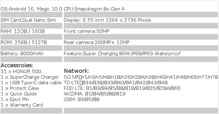 Original HONOR 500 5G Mobile Phone 6.55" 120Hz Display MagicOS 10 Snapdragon 8s Gen 4 Camera 200MP Battery 8000mAh Smartphone