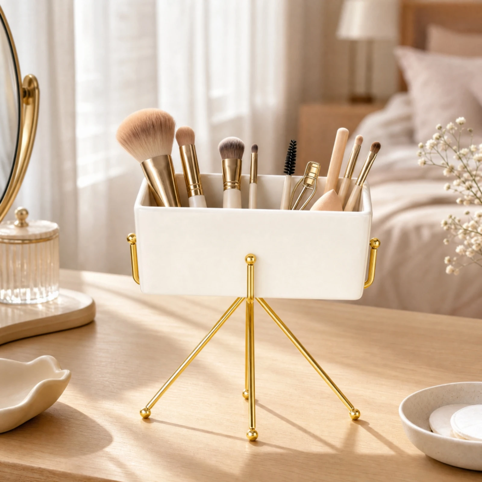Tabletop Cosmetic Storage Holder Modern Cosmetic Holder with Metal Stand Desktop Organizer Compact for Dresser, Office Desk