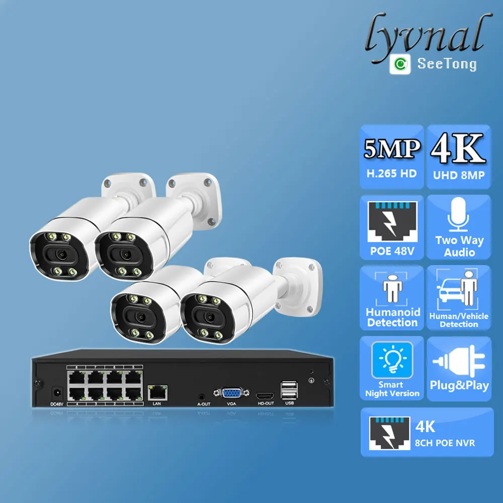 

4-канальная B910T So-ny415 4K 8-мегапиксельная пулевидная IP-камера безопасности POE двустороннее аудио ИК/цветное ночное видение 8-канальный комплект системы POE NVR Plug and Play