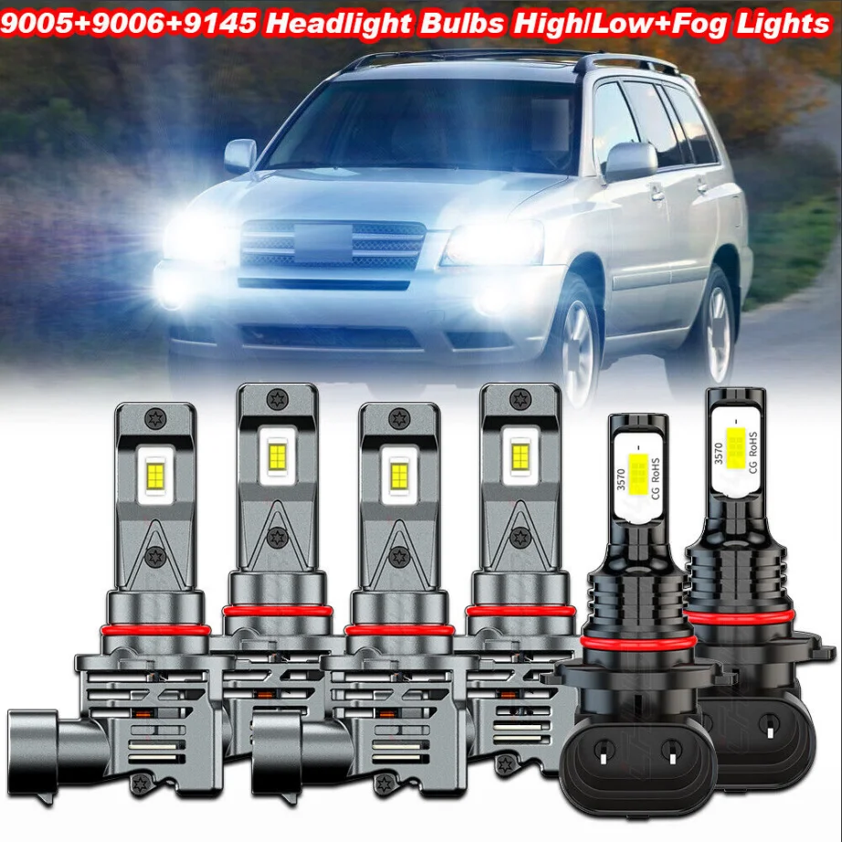 

XWQHJW Car lights For Toyota Highlander 2004 2005 2006 2007 LED Headlight Hi-Lo Fog Lights Bulbs Car accsesories