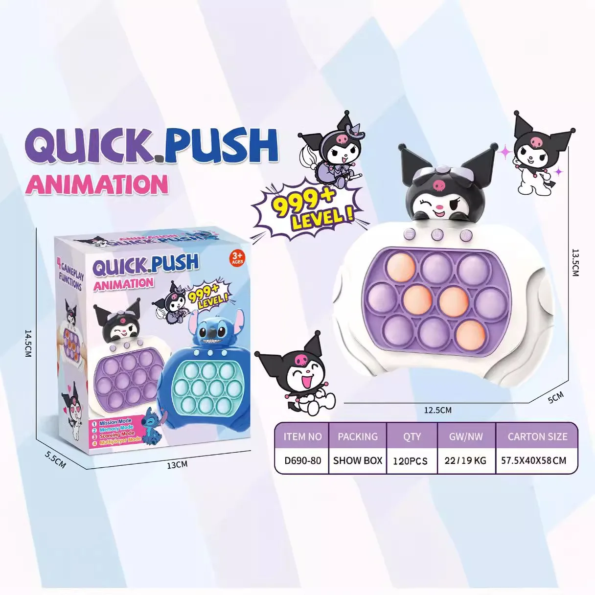 Hot Selling Kulomi Stitch Pop Game Fast Quick Push It Girls Console Electric Game Silicone Fidget Toys