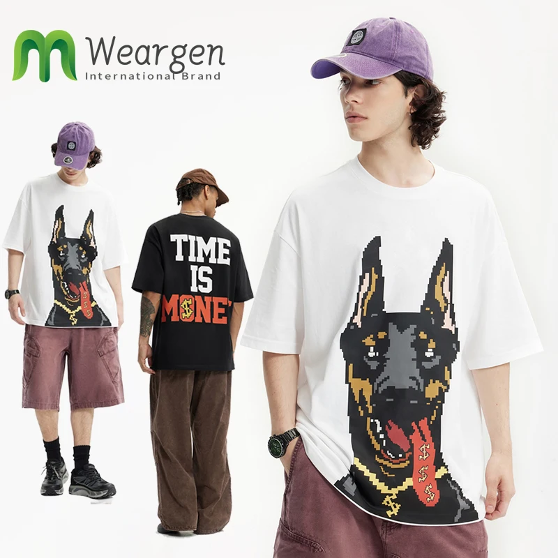 Men Pure cotton American style Luminous Doberman Print T-shirt Summer American Street Brand Loose Short-sleeved men 8116S25