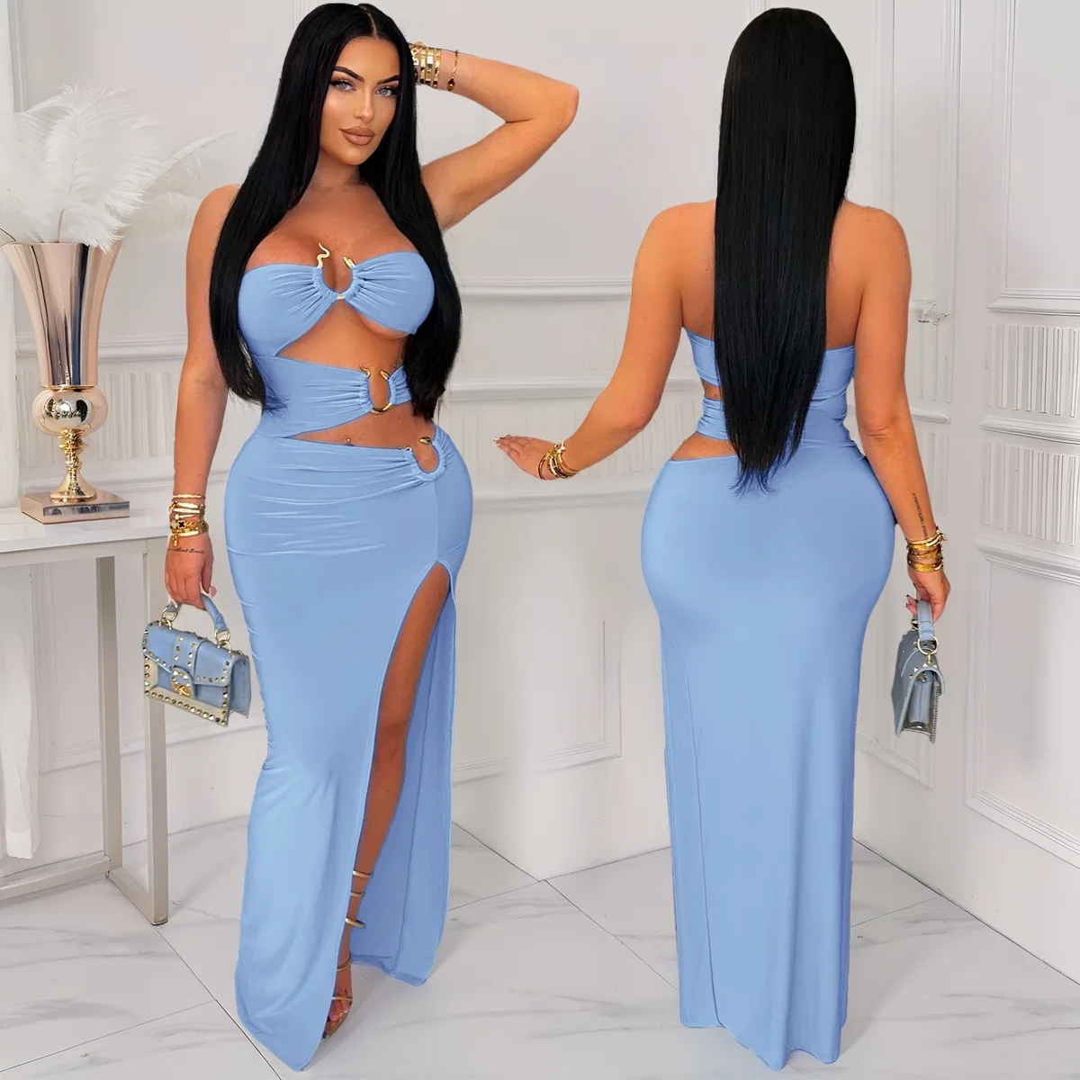 BWQ Women's Off Shoulder Cut-Out Snake Metal Long Dresses Glam Hollow Out High Slit Night Out Dress Female Vestido Clubwear 2025