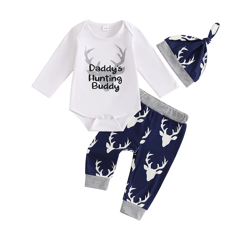 

Baby Boy Girl Hunting Clothes Letter Deer Long Sleeve Romper Elk Print Long Pants Hat Newborn Coming Home Outfits