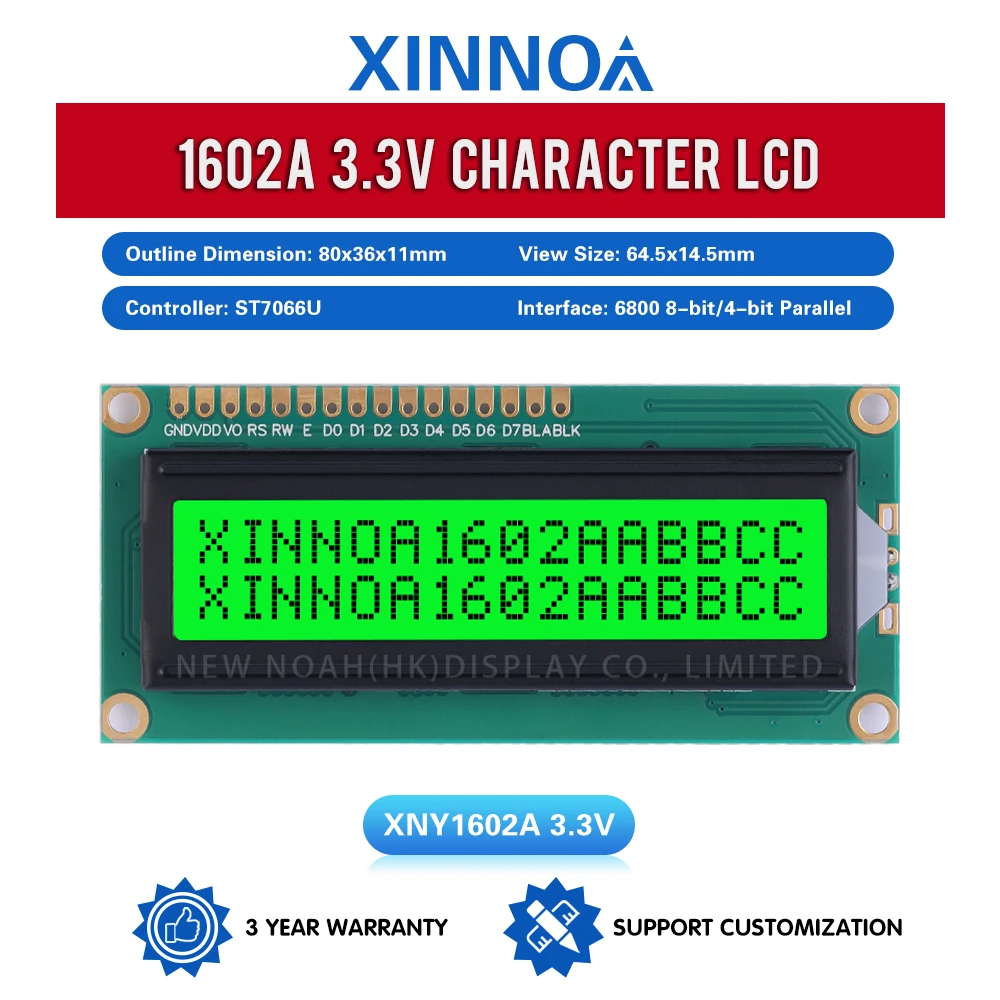 그린 라이트 블랙 글자 LCD 디스플레이 화면, ST7066U 지지대 방식 개발, 02x16 LCD 80x36x11mm 컨트롤러, 1602A, 3.3V