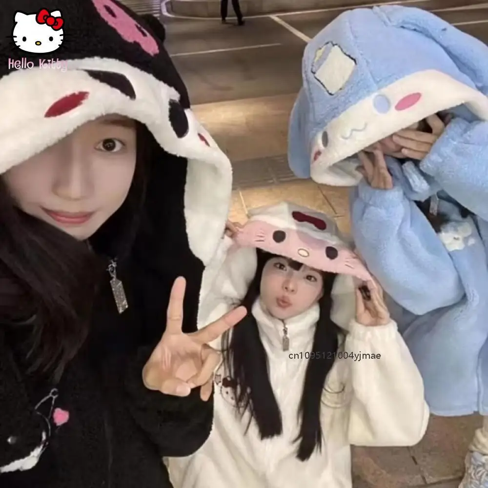 새로운 쿠로미 일본 귀여운 키티 후드 스웨트 셔파 코트 여성 모자 분리형 가을 겨울 Cinnamoroll 지퍼 자켓 따뜻한