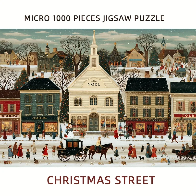 1000 قطعة من أحجية الصور المقطوعة لعيد الميلاد للبالغين والعائلات - مشهد شارع شتوي احتفالي مع قرية ثلجية، عربات مرسومة بالخيول