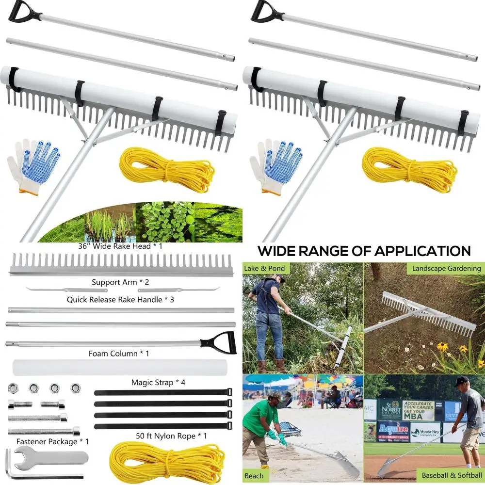 

36 Multi-Position Lake and Land Rake with 11' Extendable Handle and 52' Rope for Weed and Debris Removal