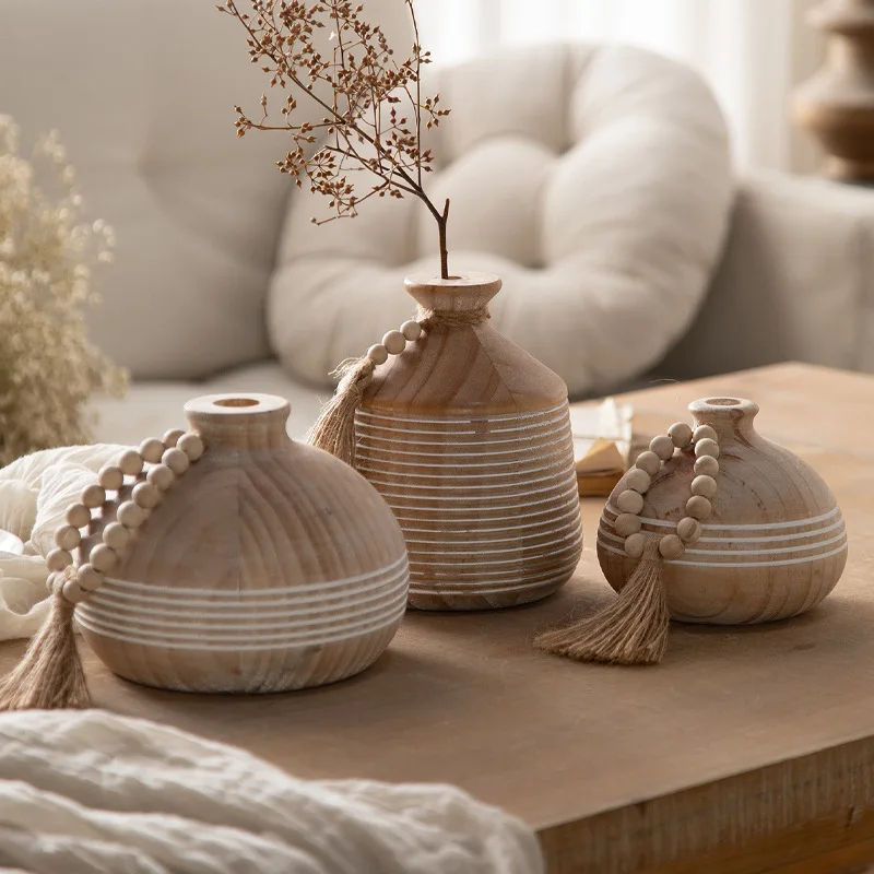 Tea room solid wood carving dried flower ornaments log wind B & B pottery shop decorative handmade vase