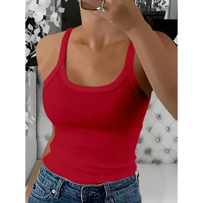 Plus Size Women Solid ColorO Neck Summer Knit Vest Sleeveless Sexy T Shirt White Off Shoulder Ribbed Black Tank Tops Casual ﻿ image 3