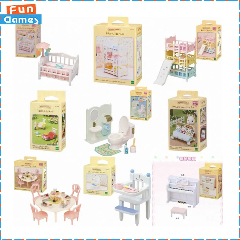 Original Sylvanian Families Toilet Set Baby Three-Layer Bed Dessert Party Dining Table And Chair Piano Furniture Dollhouse