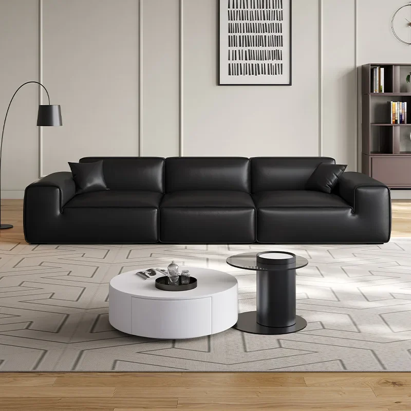 

A for Modern Minimalist Genuine Leather Top Layer Cowhide Sofa Living Room Straight Row Tofu Block Art Spacious Black Sofa