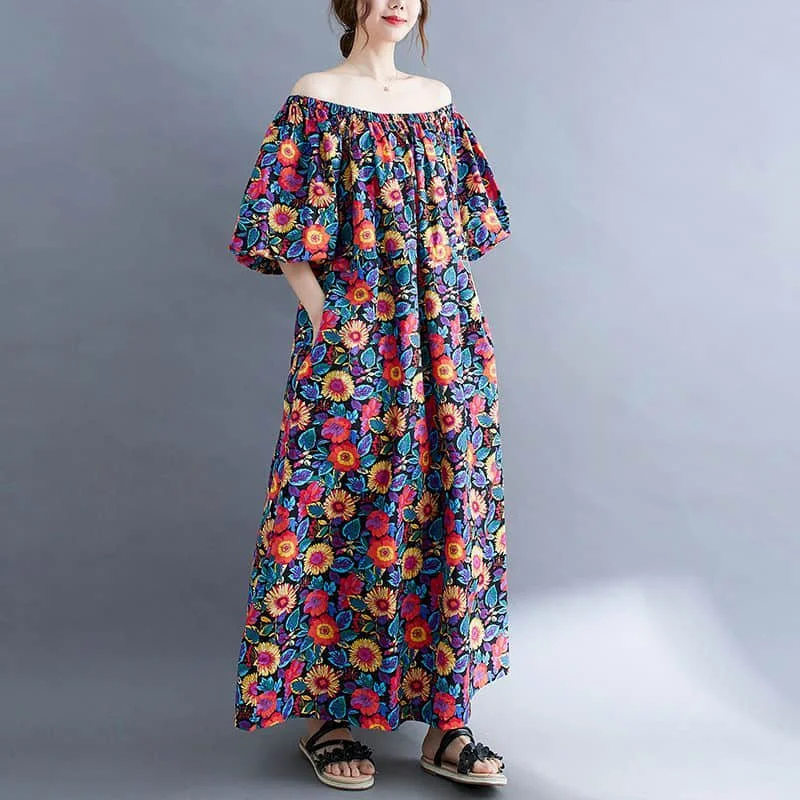 

Литературные платья, винтажное повседневное платье с цветочным принтом, свободное платье с круглым вырезом в корейском стиле, летнее платье до щиколотки, женская одежда