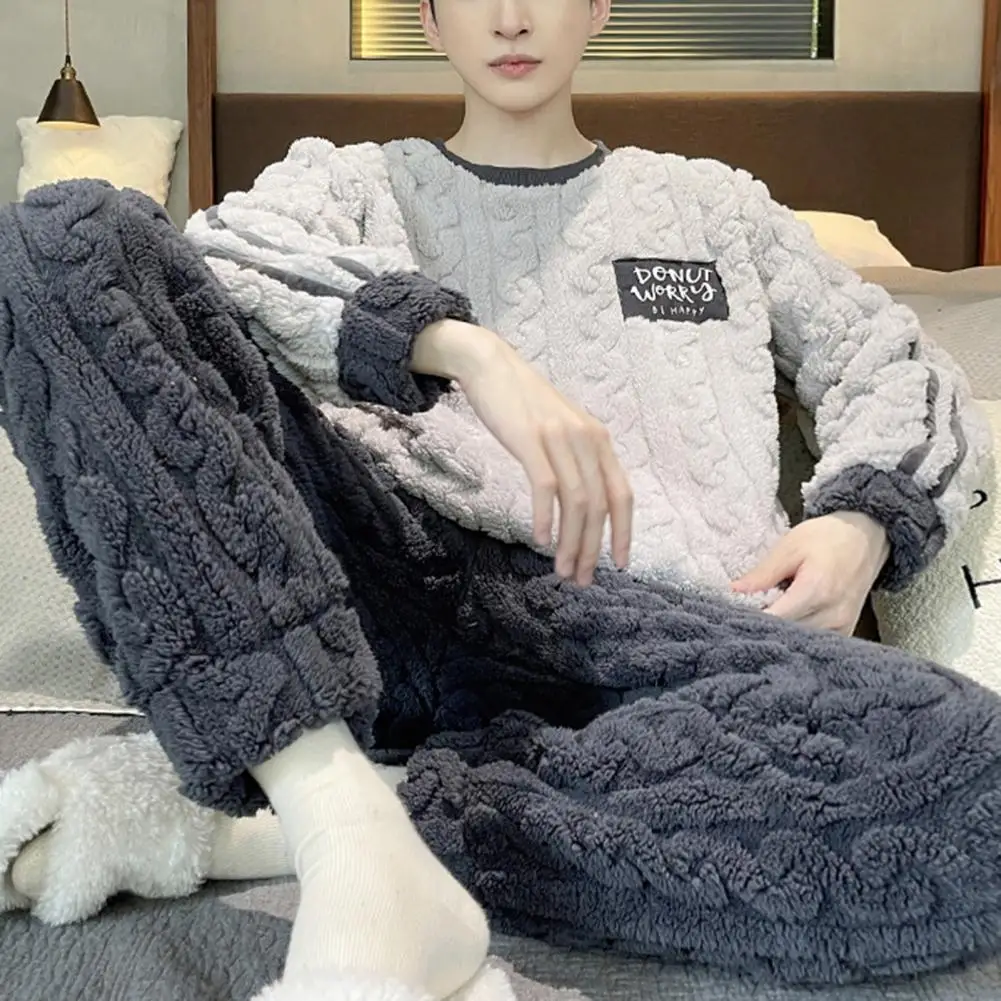 Men Night Clothes Men's Winter Pajamas Set with Round Neck Long Sleeve Thick Twisted Texture Elastic Waist Warm Soft Homewear