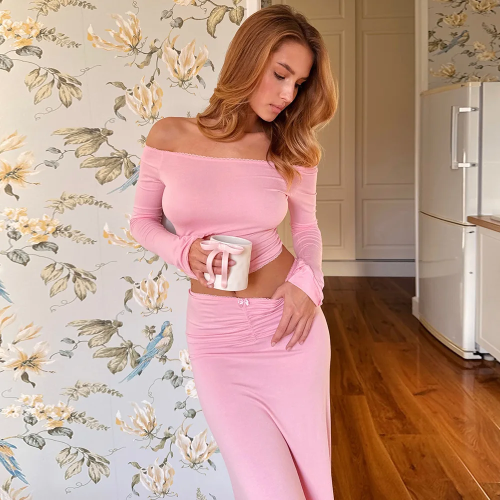 여성 오프숄더 크롭탑 맥시 스커트 세트 핑크 솔리드 컬러 긴팔 투피스 의상 섹시 슬림핏 패션 스트리트웨어