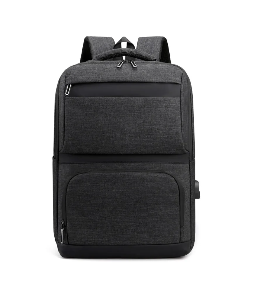 Dark gray linen backpack with black bottom trim dual front separate pockets side external USB port anti scratch for office