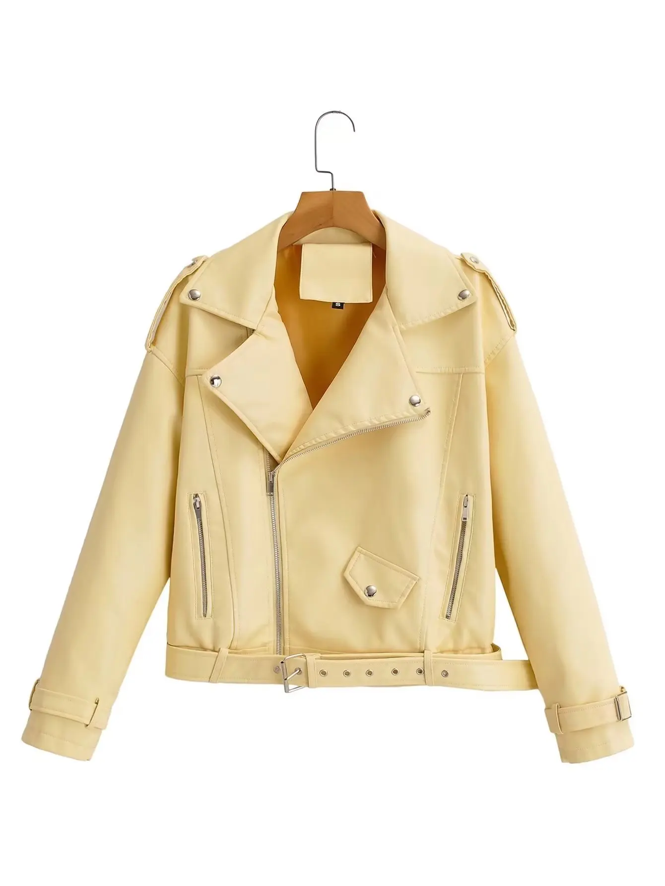 Chaqueta de piel sintética para mujer, abrigo de motorista rosa y amarillo, cuello vuelto, chaquetas de motocicleta de PU, ropa de calle suelta, prendas de vestir exteriores, primavera, nuevo