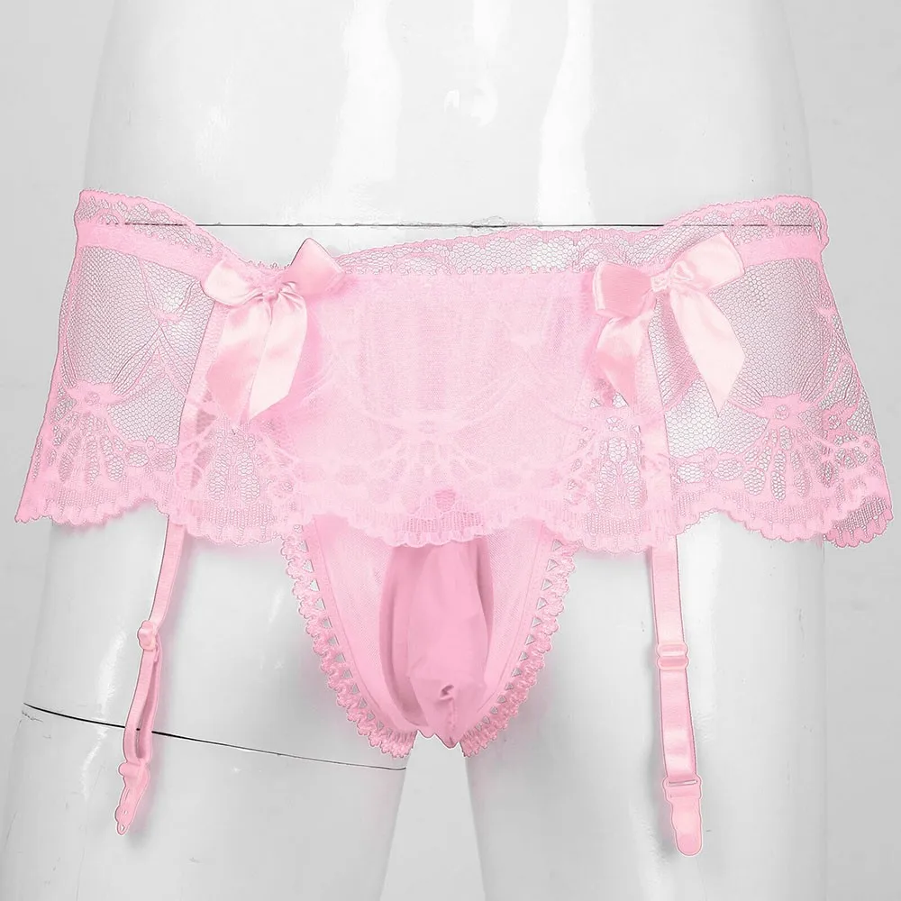 Sexy Men's Bulge Pouch Panties Underwear Sheer Lace Briefs With Garter Sissy Man Breathable G-strings Thongs