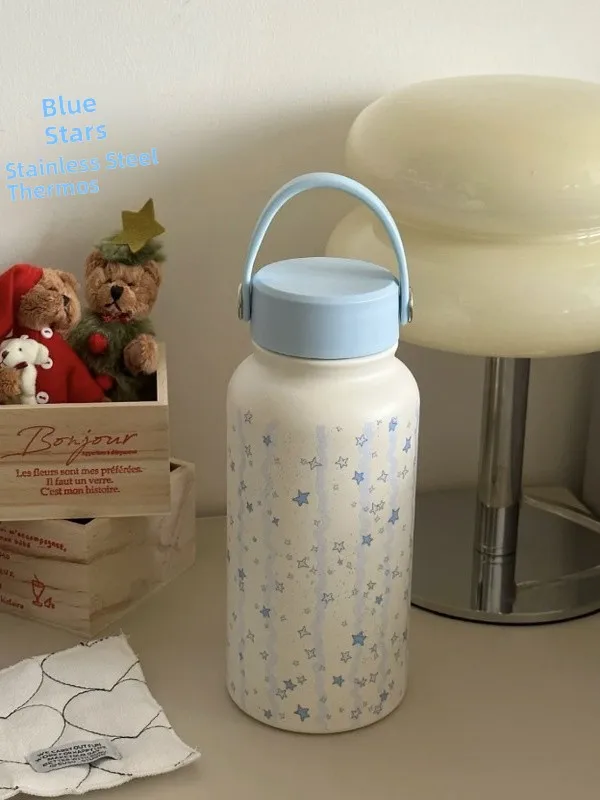 

Large Capacity Stainless Steel 304 Insulated Mug Blue Star Portable Milk Coffee Cup Handheld Design Cute Cartoon Pattern
