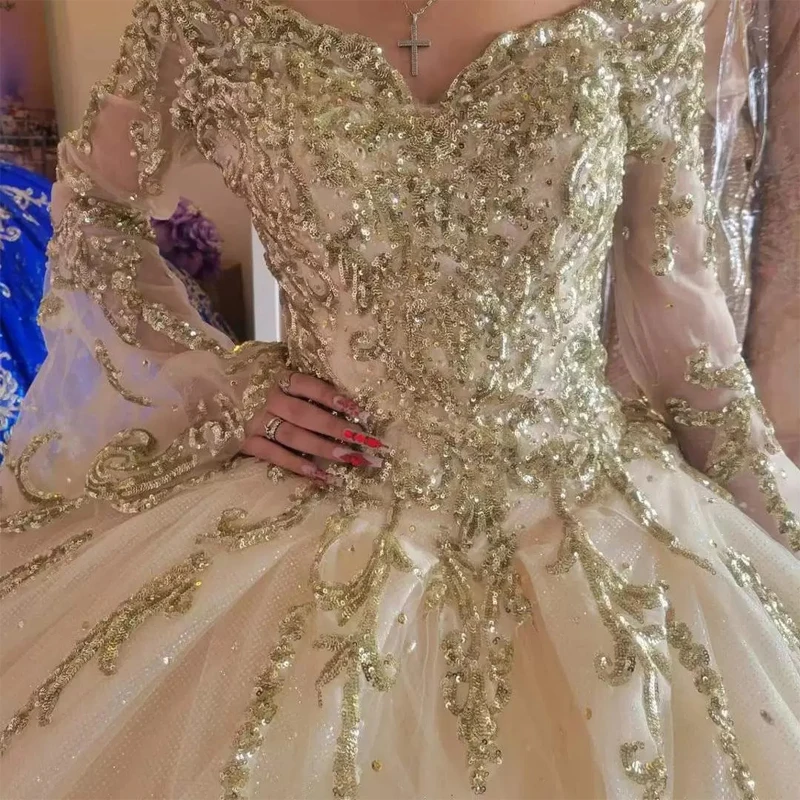 فستان فاخر Quinceanera الشمبانيا ، الدانتيل زين ، ثوب الكرة الكريستال ، فستان حفلة الأميرة الحلو