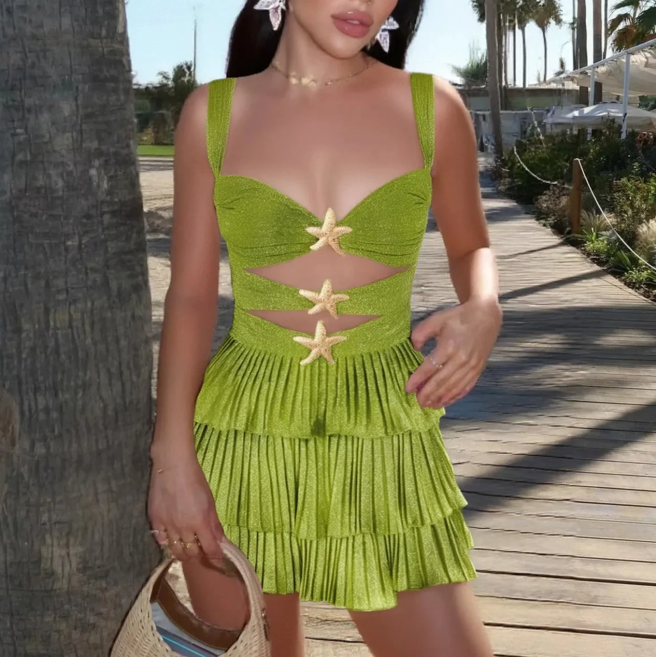 Dames pailletten zeester mini-jurk spaghettibandje uitgesneden gelaagde ruches jurk sprankelende korte jurk feest