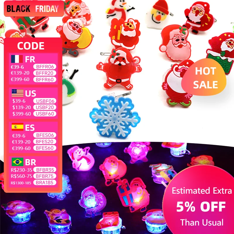 10pcs Christmas Theme LED Light Elk Glowing Cartoon Cute Ring Brooch Snowman Santa Claus Kids Toy New Year Party Decoration