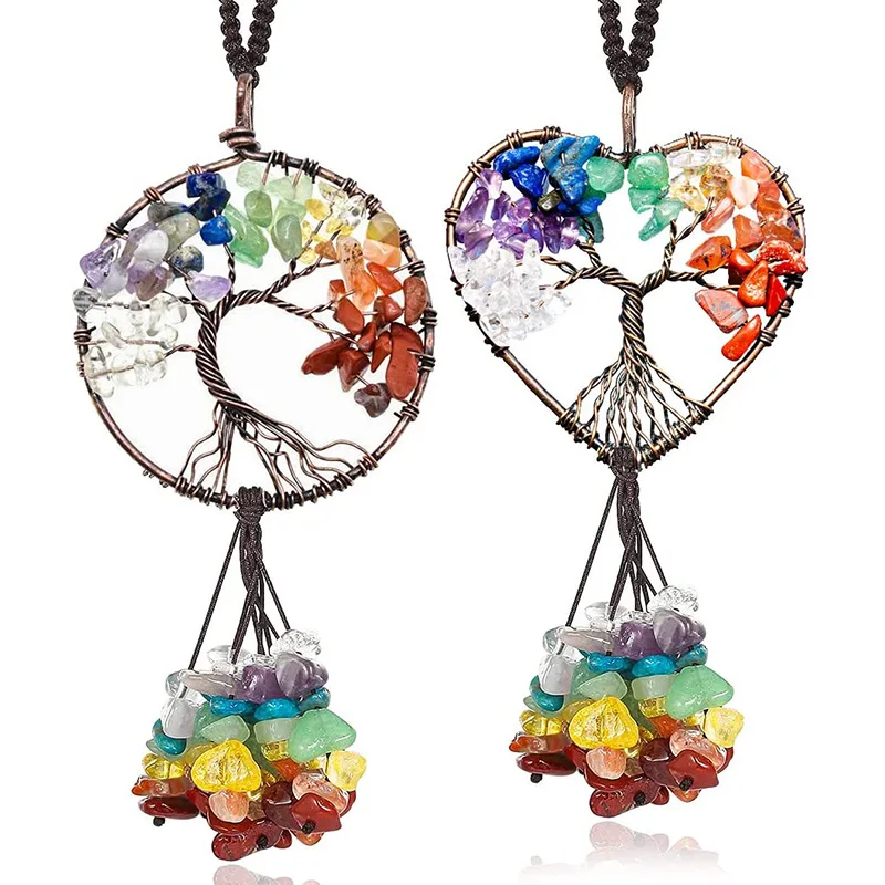 Natural 7 Colored Gravel Hand-knit Heart-shaped Colorful Stone Tree Of Life Car Hanging Tassel Wall Hanging Yoga Jewelry