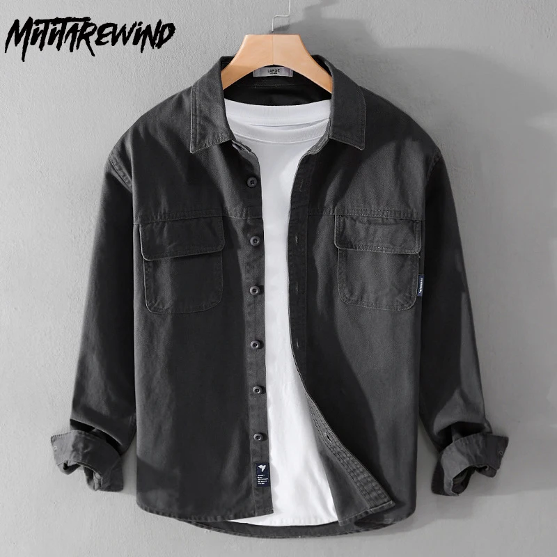 

American Style Men's Long Sleeve Shirts Pure Cotton Comfort Cargo Shirt Men Causal Lapel Loose Shirt Spring Fall Fashion Tops