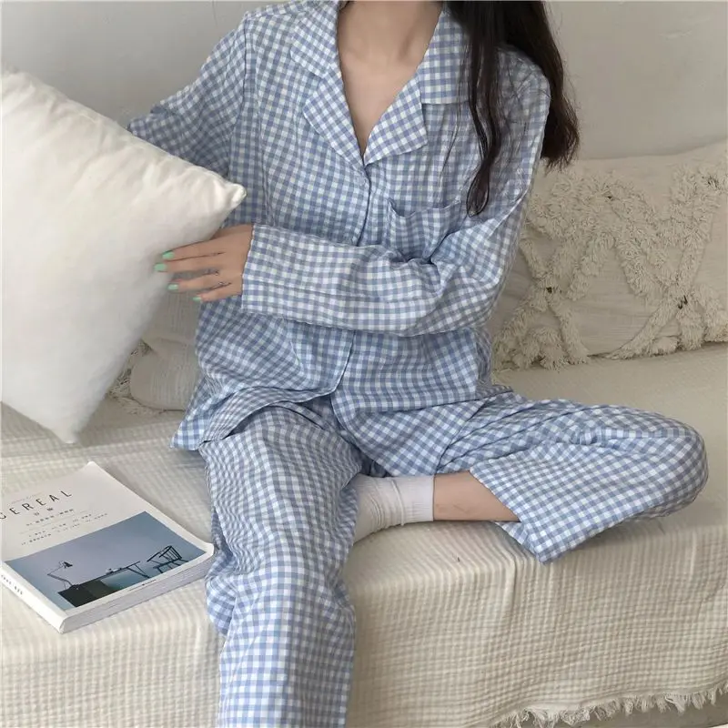 Plaid Sleepwear Women Pajama Sets Korean Piiama Autumn Pants Sets for Women 2 Pieces Button Night Wears Long Sleeve Home Suit