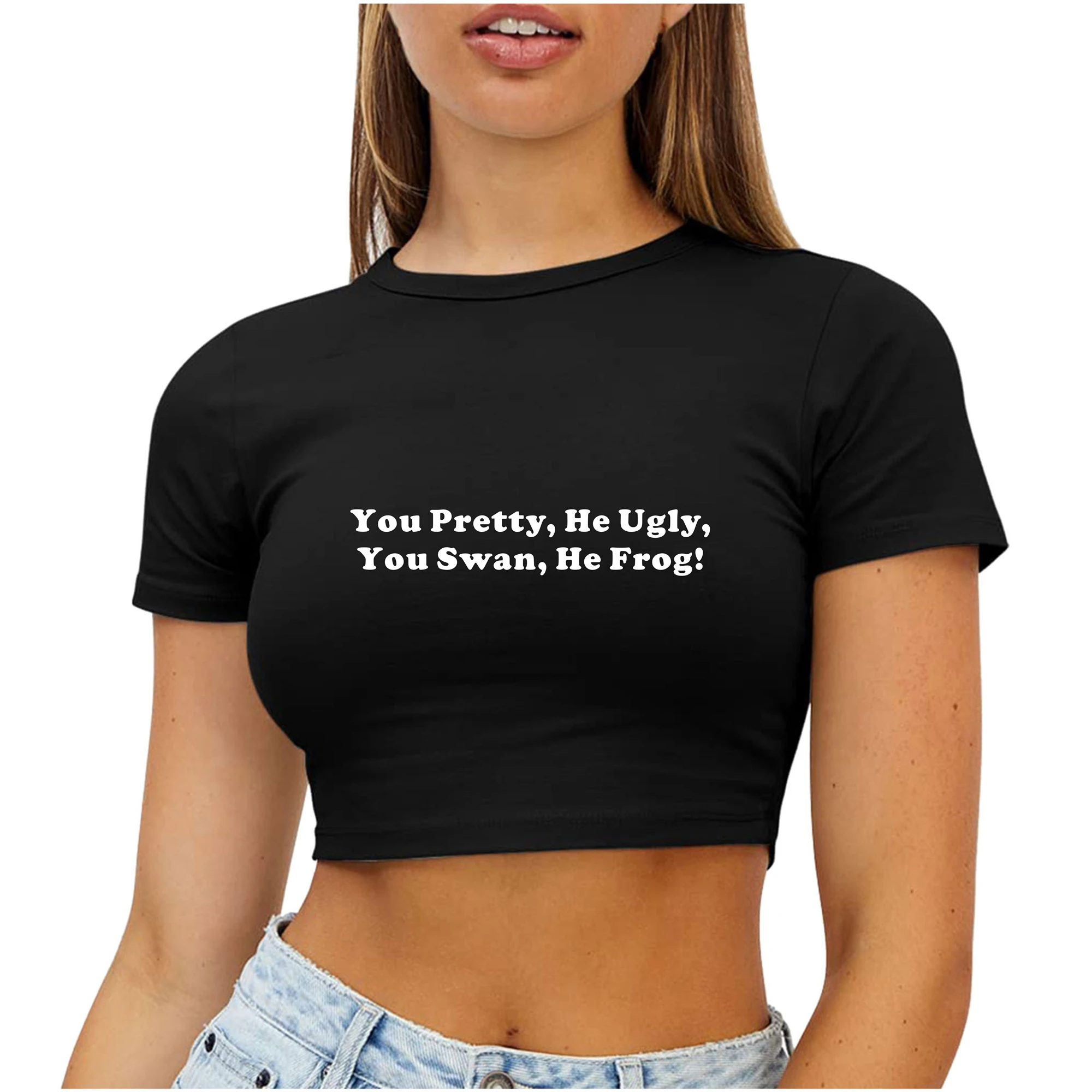 Funny Chinese English Cotton Baby Tee You Pretty, He Ugly,  You Swan, He Frog Y2K Girls Crop Top Y2K Short Top Baby T-Shirt