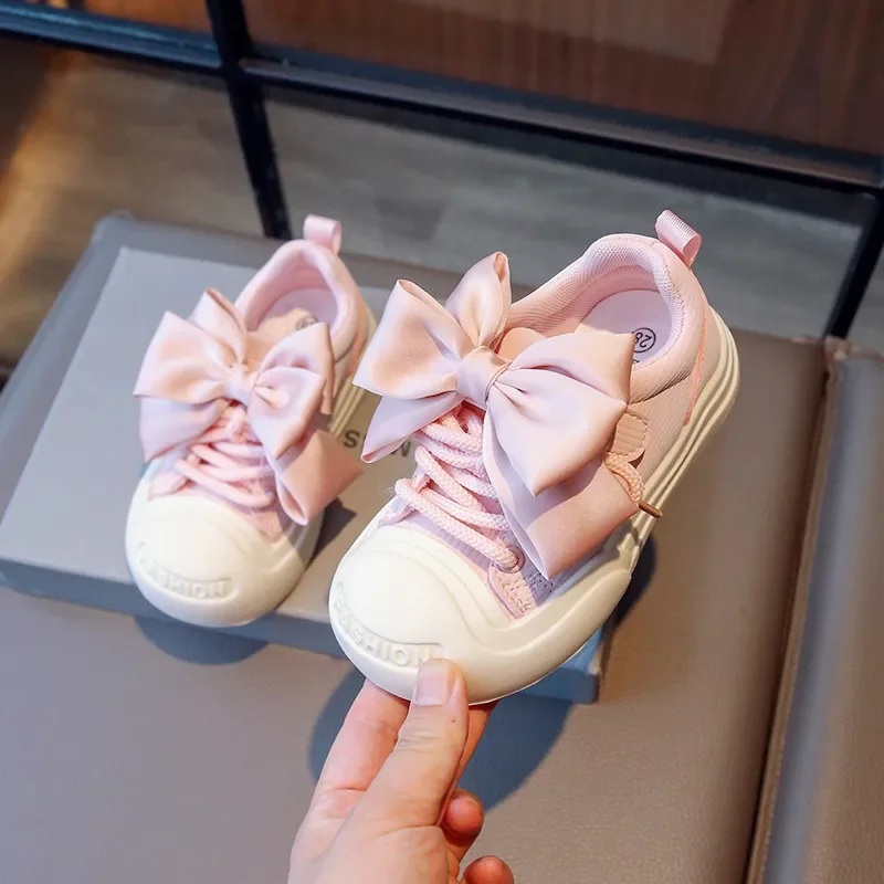 2023 Autumn Children Shoes Girls Princess Shoe Big Bowtie Kid Sneakers Woven Hook Loop Casual Sport Lace Up Trainers Pink 26-36