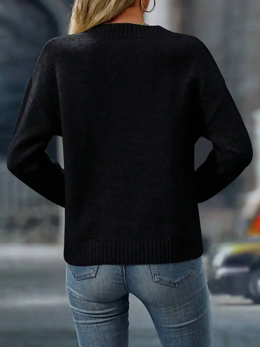 

Women Fall Winter Solid Color Drop Shoulder Long Sleeve Loose V-Neck Casual Knit Sweater
