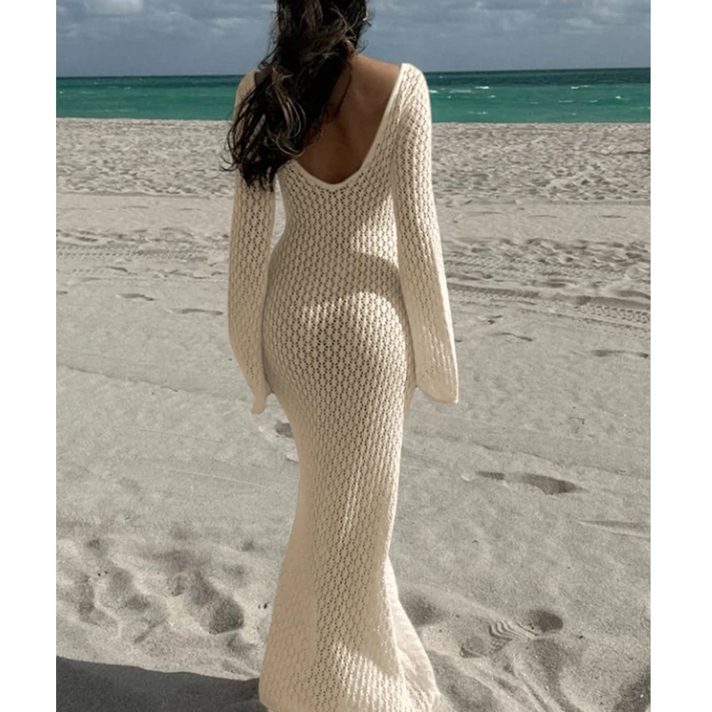 New Style Knitting Hollow Out V-Neck Long Sleeve Dress Ladies Beach Holiday Backless Bikini Cover-Ups Sunscreen Long Dress