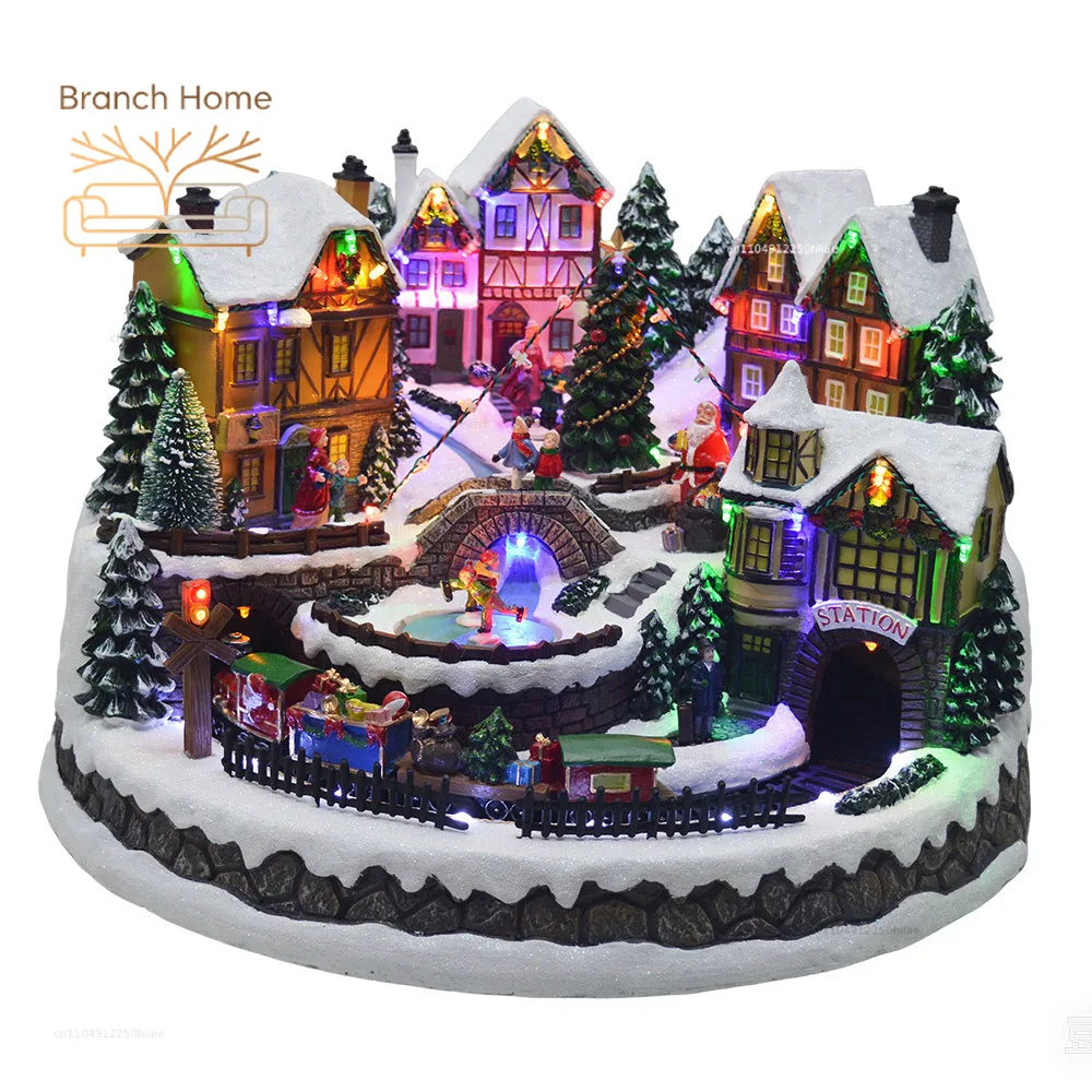 New European style Christmas train atmosphere light large resin ornament LED music box birthday gift