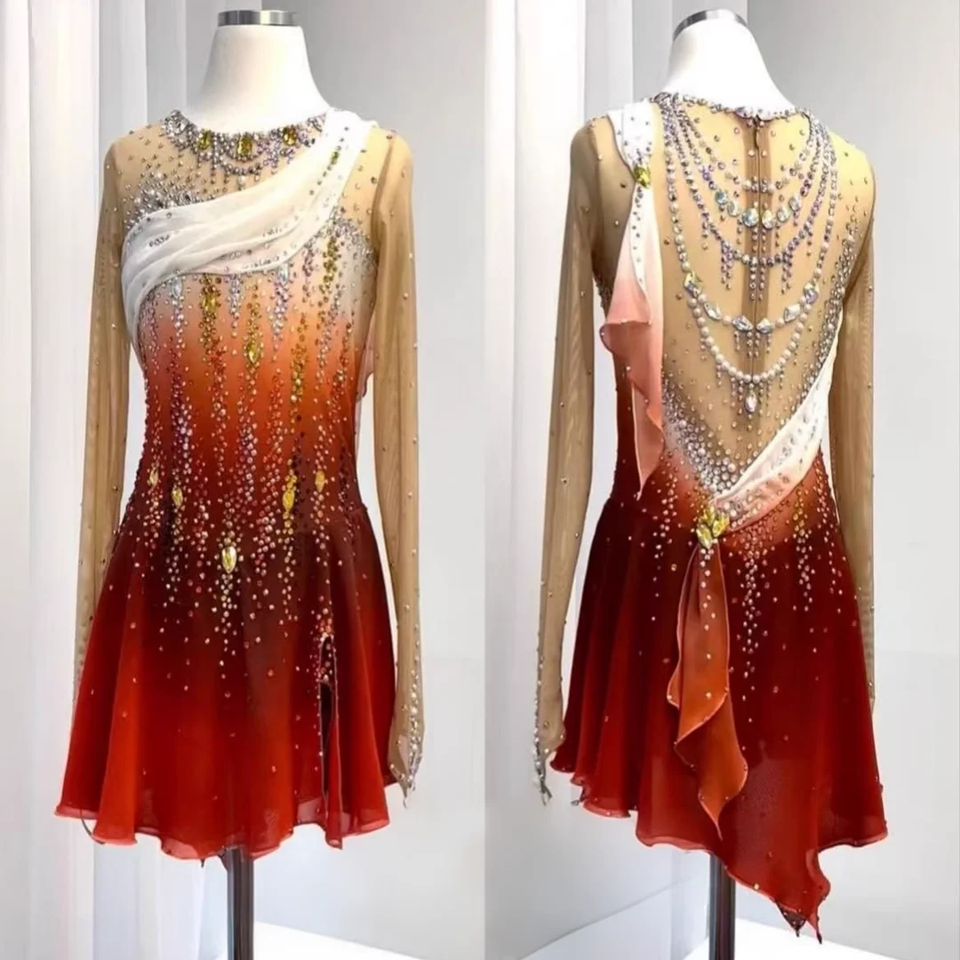 Высокоэластичное платье для фигурного катания. Платье для фигурного катания для девочек. Одежда для соревнований по фигурному катанию из спандекса. Платье для катания на коньках с длинными рукавами.