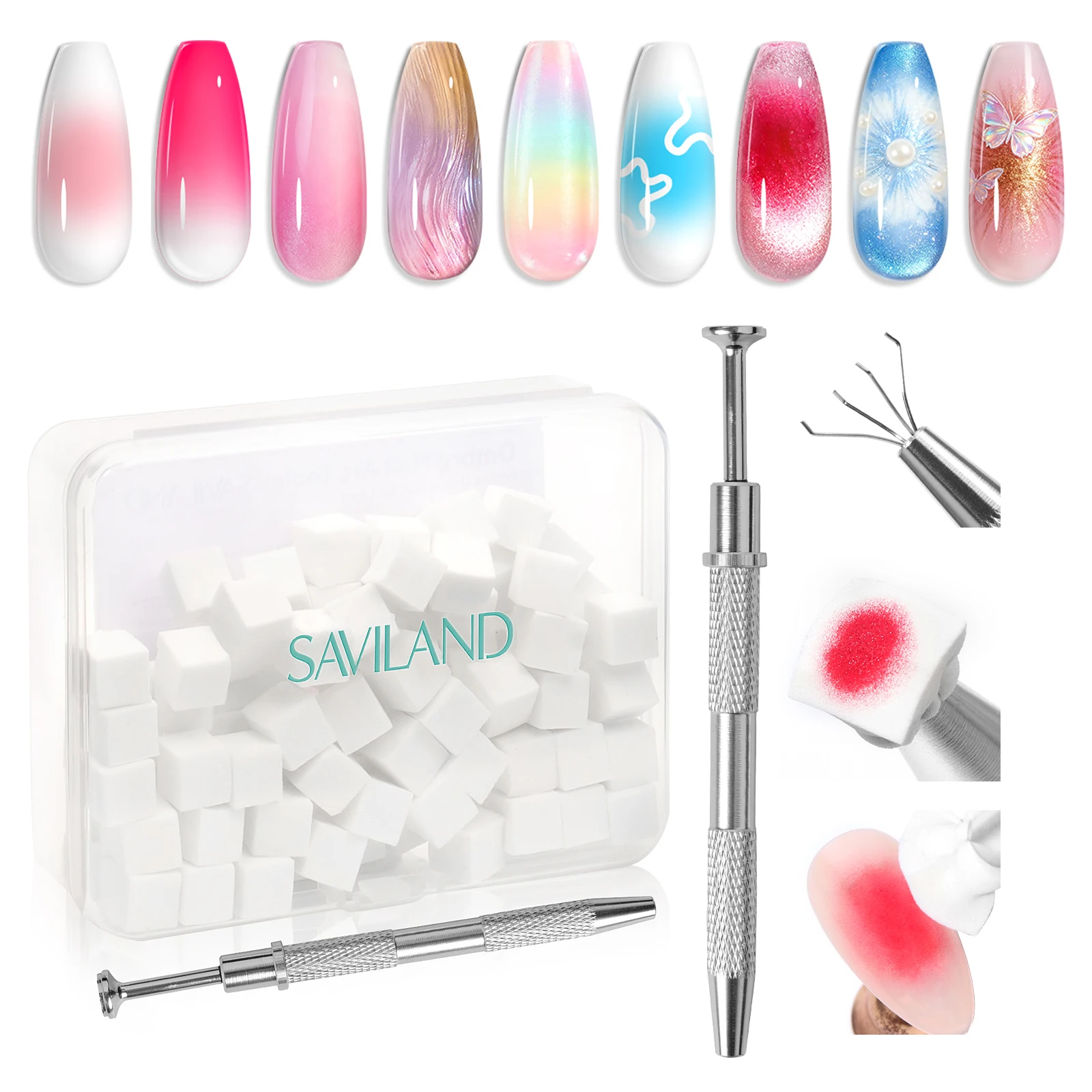 

SAVILAND 100 шт. спонжей для ногтей для омбре с коробкой для хранения, ручкой-держателем, инструментами для градиентного дизайна ногтей, для создания эффекта «Аура», для домашнего использования и салонов красоты