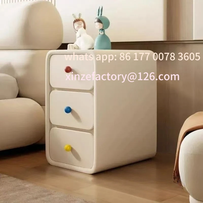 طاولة بجانب السرير كريمية قابلة للتخصيص من الخشب الصلب، خزانة تخزين بجانب السرير مصنوعة من الجلد الصغير والبسيط