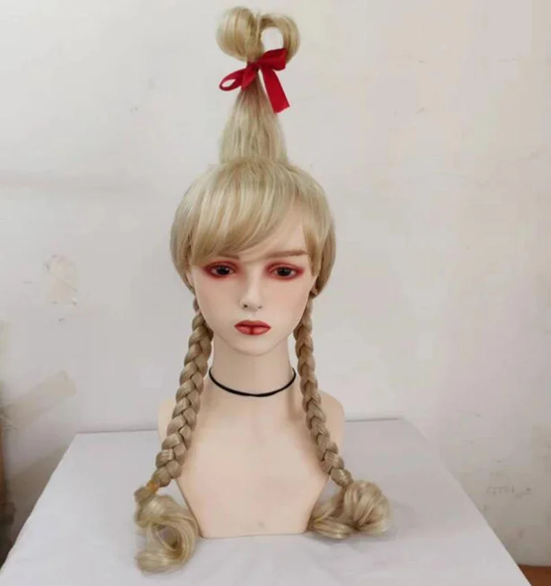 Funny Halloween Party Props Cosplay Green Monster Cindy Lou Who Wig Ponytail Hair Heat Resistant Synthetic Wigs for Women